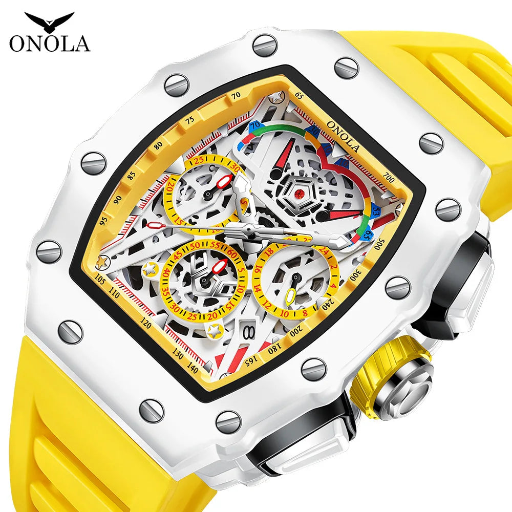 Watches for Man ONOLA 6827W Trend White Men Watch Waterproof Chronograph Quartz Wristwatch Sports Silicone Strap Reloj Hombre