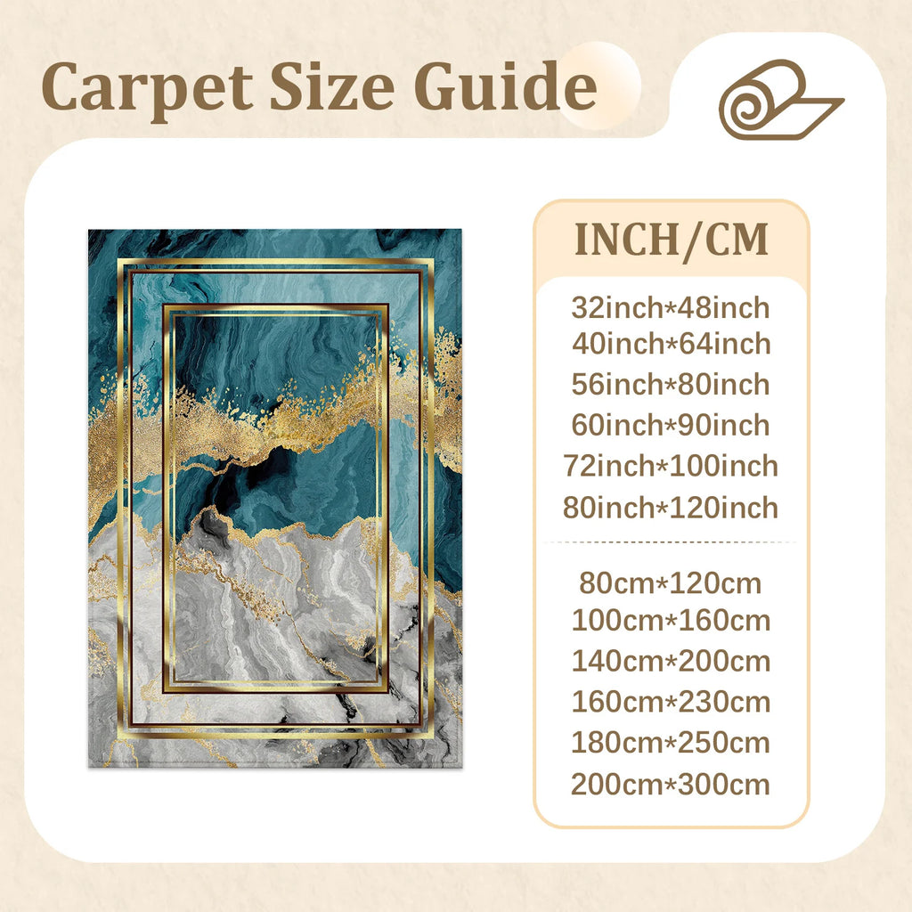 Large Indoor Area Rug, Soft Velvet Low Pile with Non-Slip Dotted Backing, Machine Washable, Teal Gold Marble Abstract Modern Floor Rug for Living Room Bedroom Entryway Home Decor