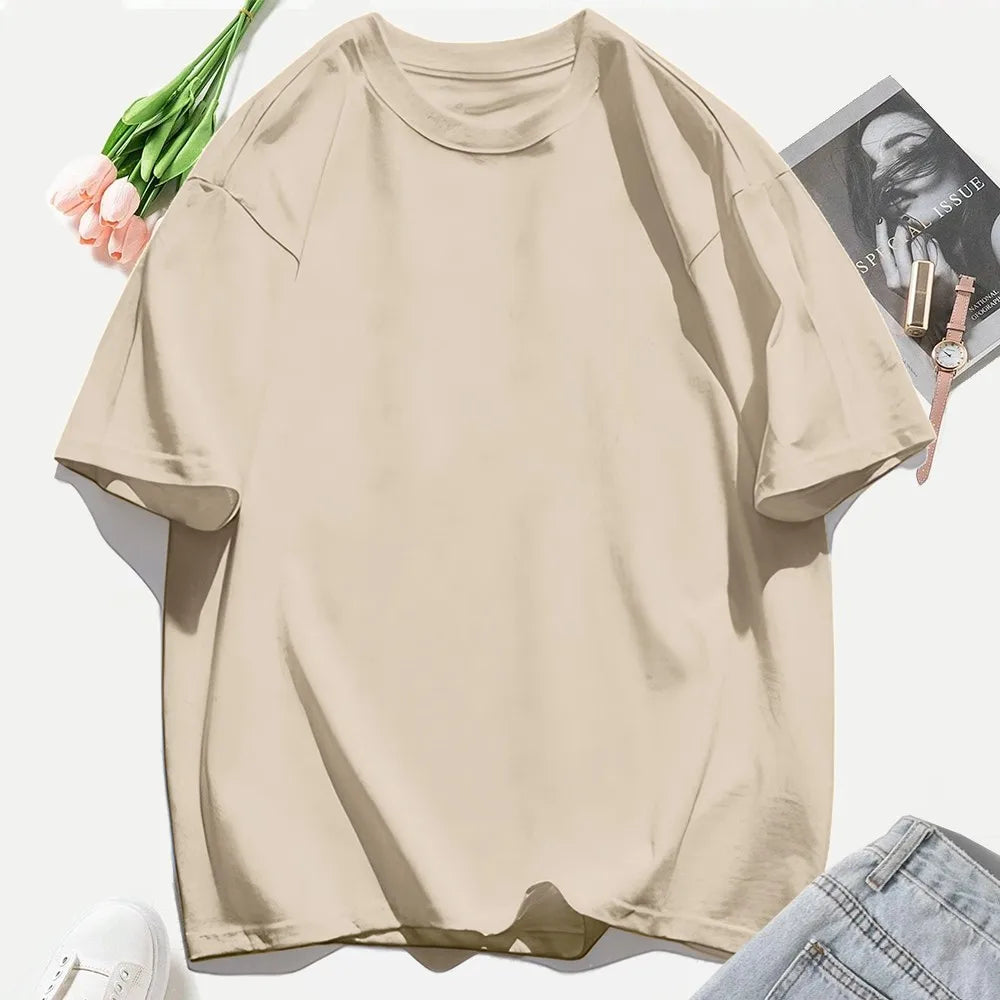 Y2K Woman 100% Cotton T Shirts Solid Color Casual T-Shirt O-Neck Summer Tops For Women Fashion Oversized Female Sportswear
