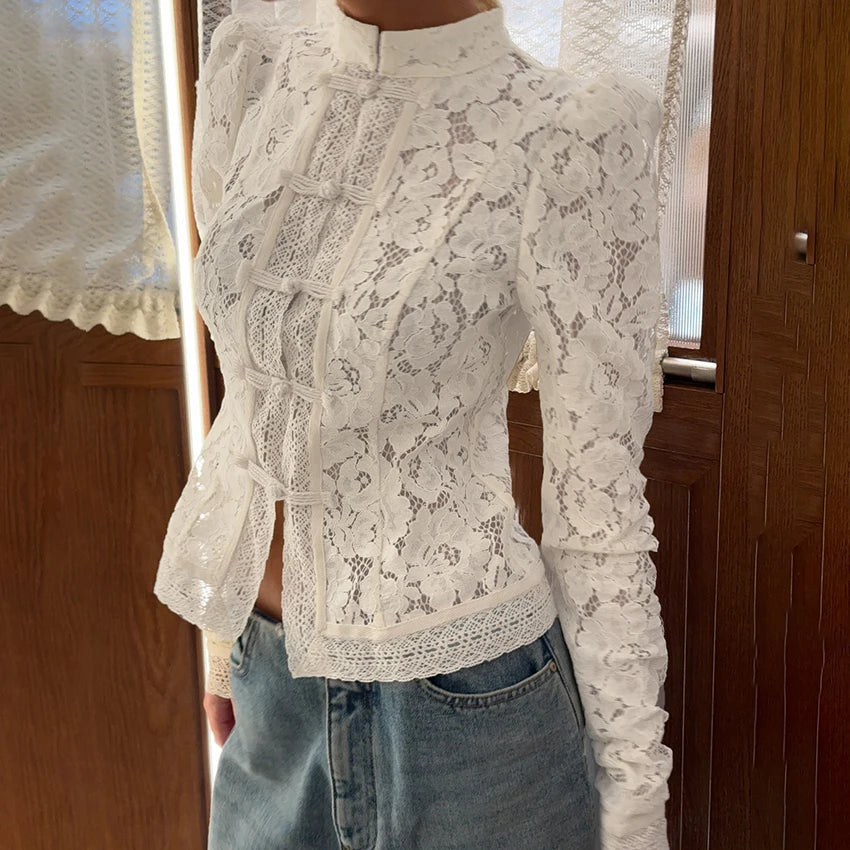 Linad Elegant Embroidery Puff Sleeve White Shirts Summer Sexy Hollow Out Lace Blouse Casual Sand Collar Top 2025 Vintage Shirts