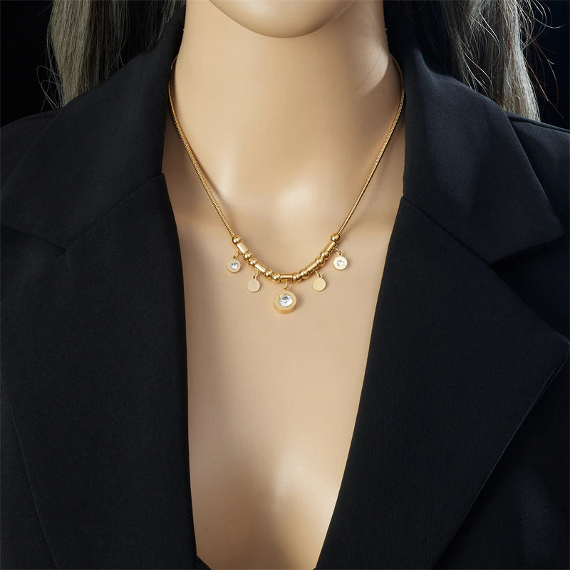 DIEYURO 316L Stainless Steel Round Roman Numeral Zircon Pendant Necklace For Women Vintage Ethnic Ladies Chain Jewelry Gifts