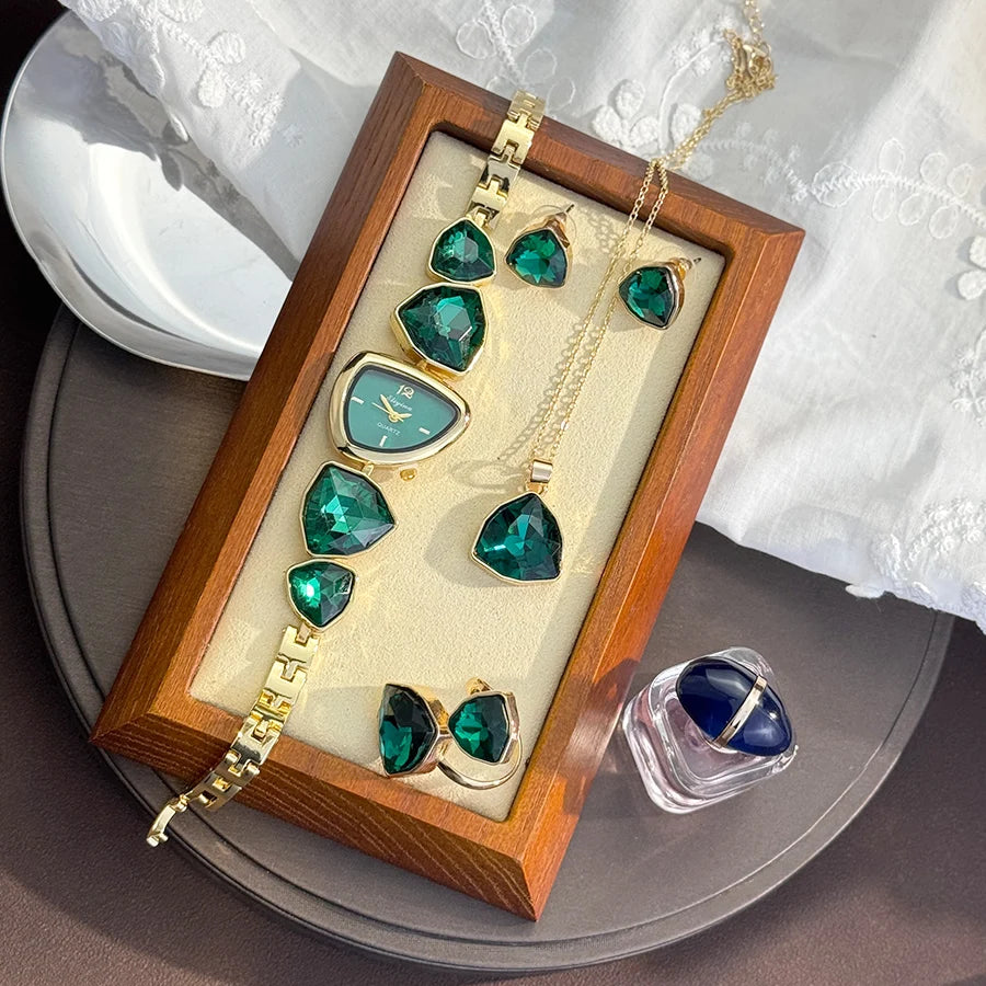 Luxury Ladies Quartz Watch  Colorful Diamond Irregular Shape Necklace Ring Earrings Jewelry Set Four-Piece Gift Set Trendsetter