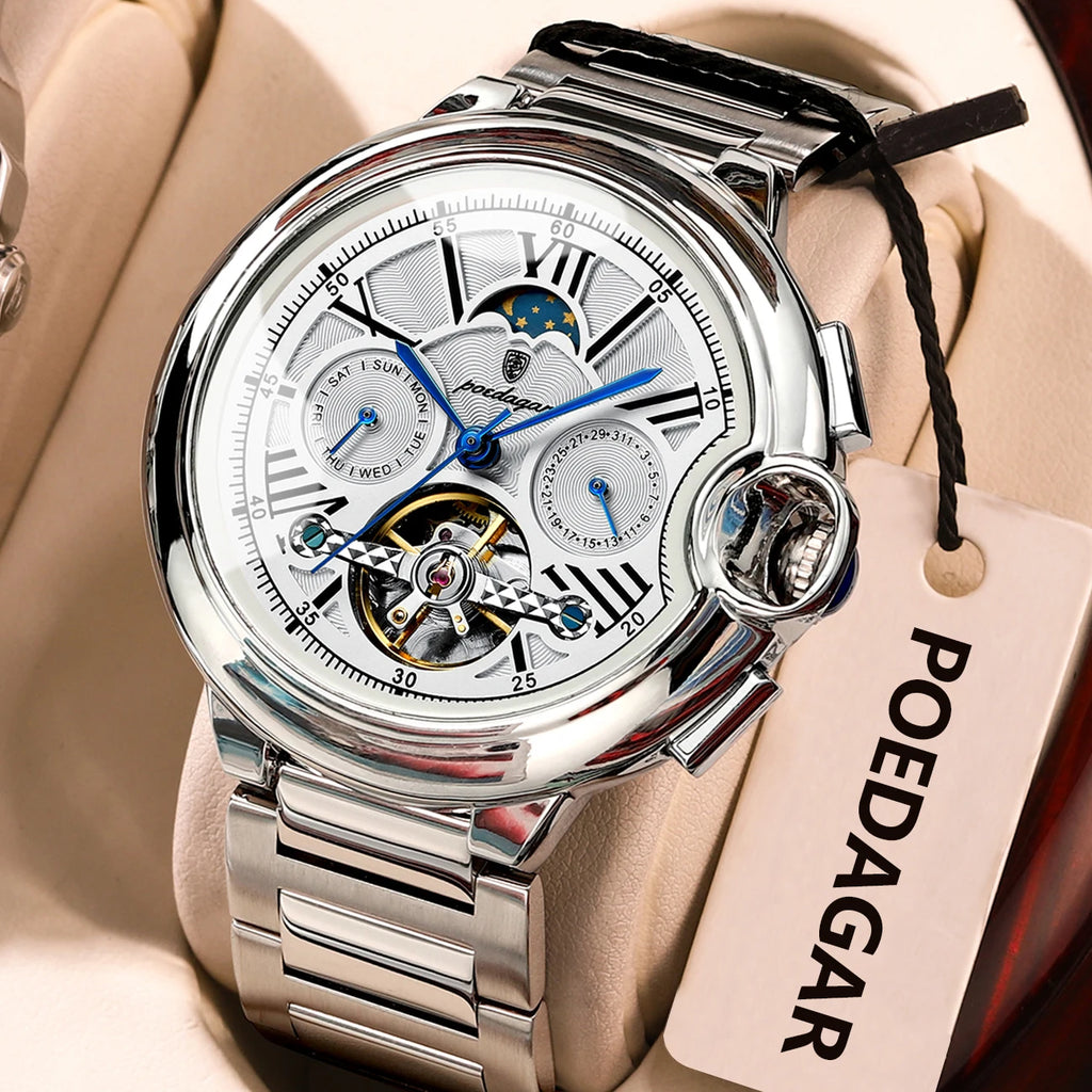 POEDAGAR Luxury Business Male Watch Date Week Stainless Steel Tourbillon Men Clock Waterproof Automatic Mechanical Men's Watches