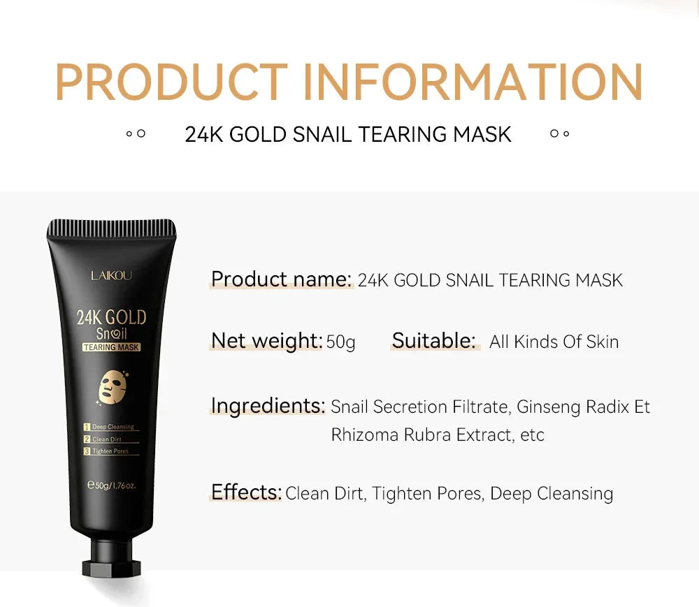 Laikou 24K Gold Snail Peel Off Mask Powerful Pore Cleaner Blackhead & Dirt Remover Detoxifying Facial Shining Skin Care 50g