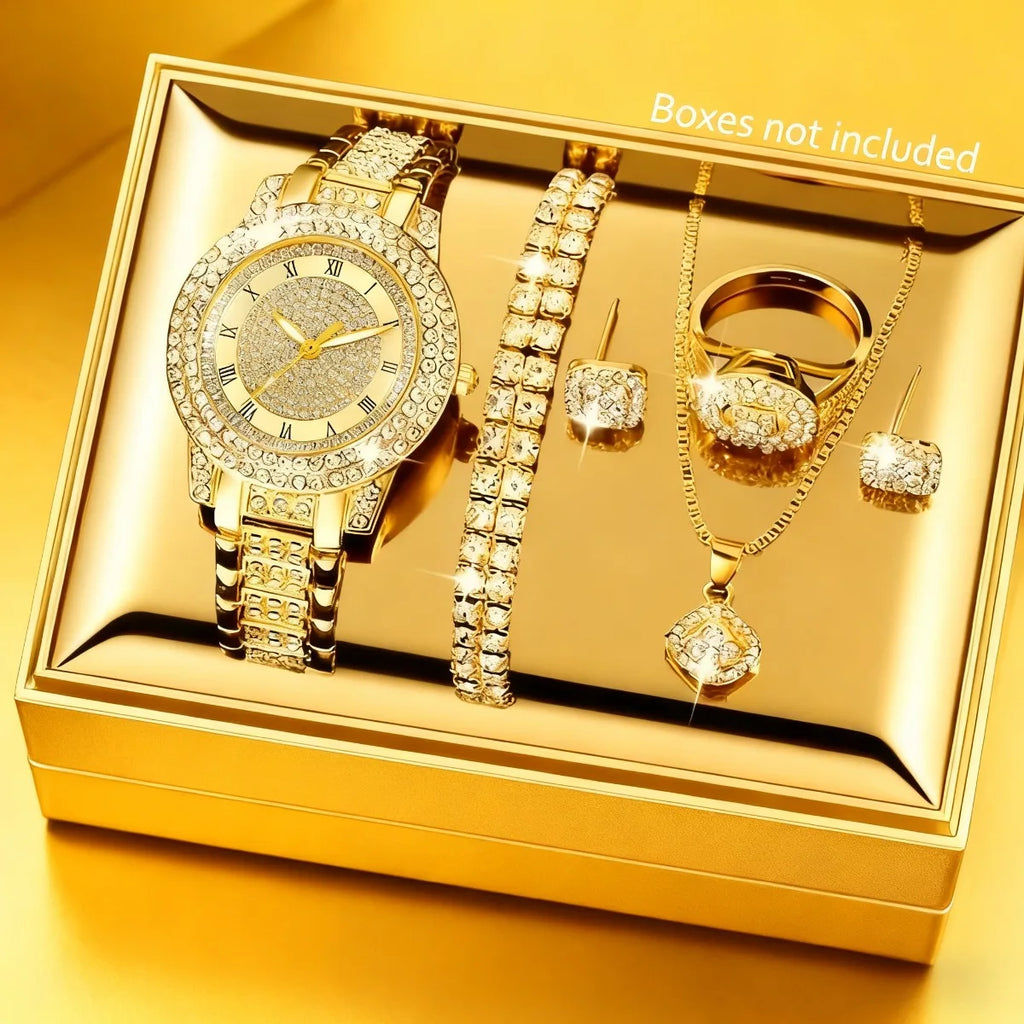 Women Rose Gold Diamond Watch 6Pcs Jewelry Set Necklace Earrings Bracelet Ring Luxury Gift For Her
