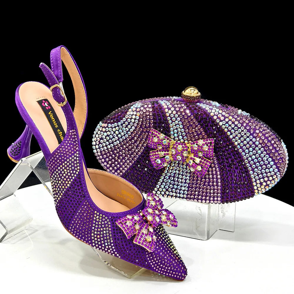 Venus Chan Green Color Pointed-Toe High Women Heels Shoes and Bags for Women Rhinestone Evening Party Elegant Luxury Handbag
