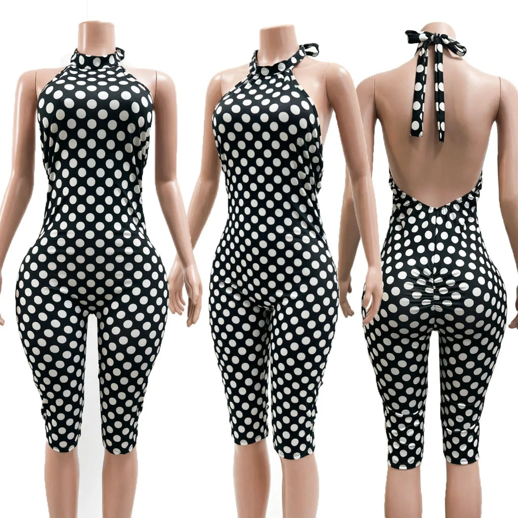 FLARORA Sexy Polka Dot Print Jumpsuit Woman Trend Halter Bandage Backless Sleeveless Peach Hip Skinny Elasticity Street Overalls