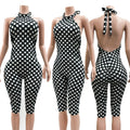 FLARORA Sexy Polka Dot Print Jumpsuit Woman Trend Halter Bandage Backless Sleeveless Peach Hip Skinny Elasticity Street Overalls