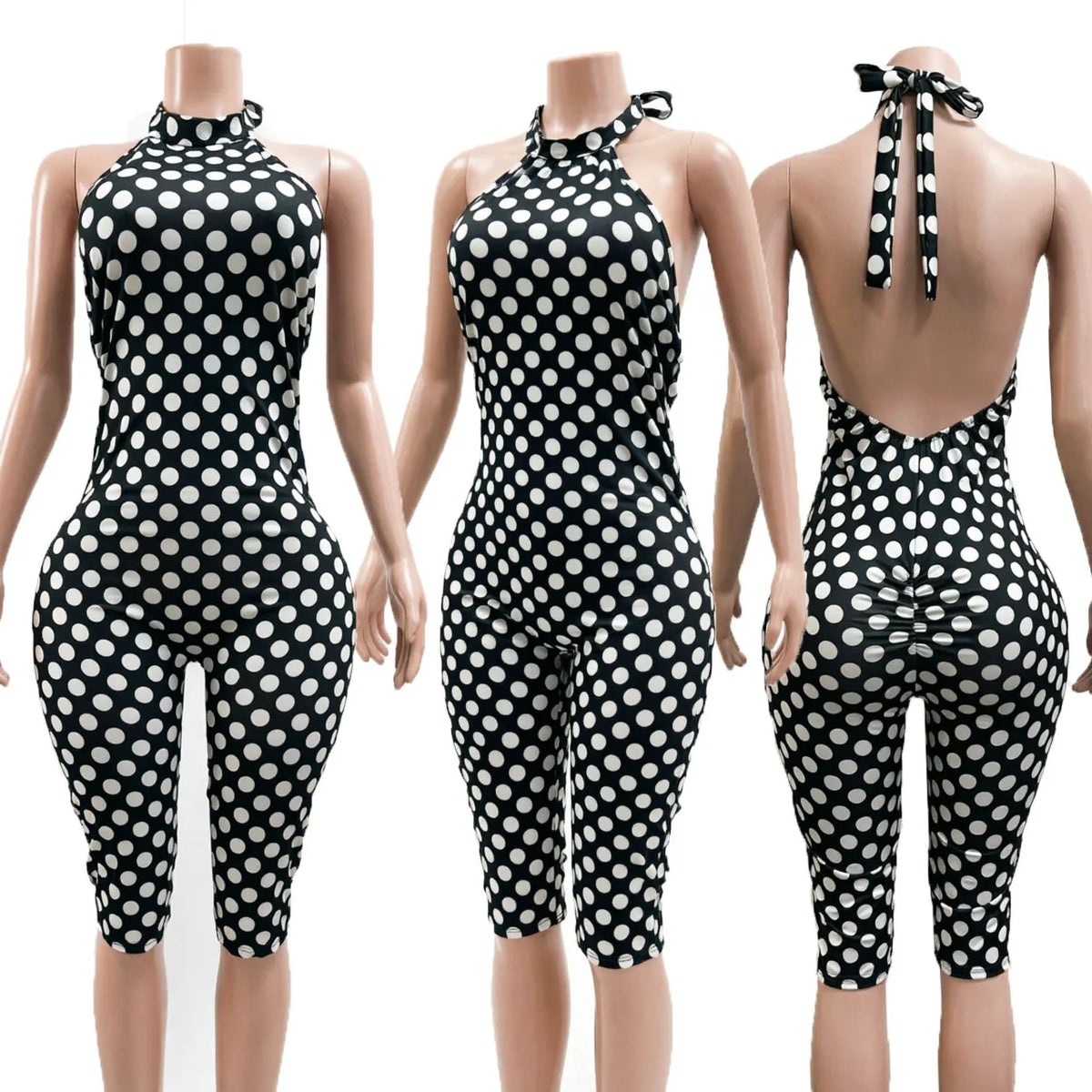 FLARORA Sexy Polka Dot Print Jumpsuit Woman Trend Halter Bandage Backless Sleeveless Peach Hip Skinny Elasticity Street Overalls