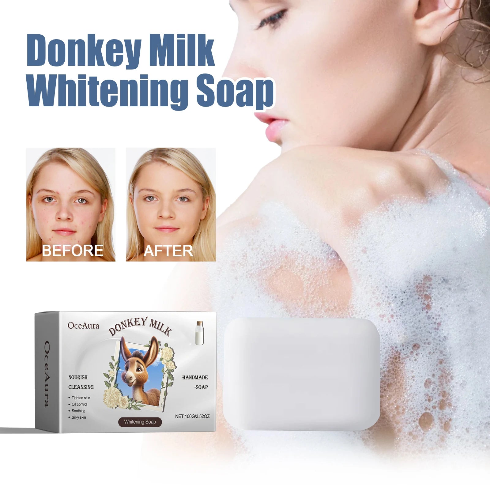 OCEAURA Donkey Milk Whitening Soap with Donkey Milk, Butyrospermum Oil Bath Soaps Donkey Milk Soap Suitable for All Skin Types