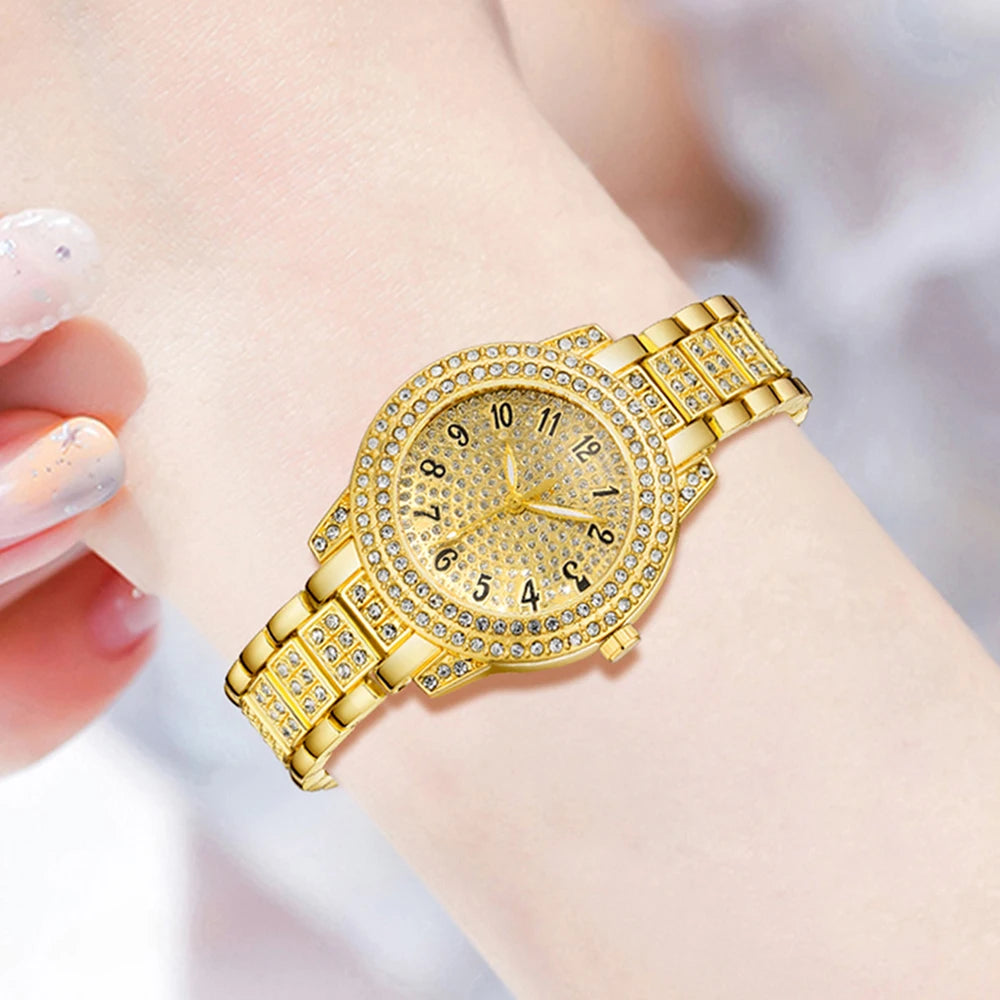 4Pcs/Set Unisex Jewelry Watches Women's Wristwatch Accessories Gold Trendy Fashionable Elegant Classic Exquisite Light Luxury Rhinestone Luxury Roman Numeral Dial Round Dial Quartz Watch Set Y2K Suitable for Travel, Parties,
