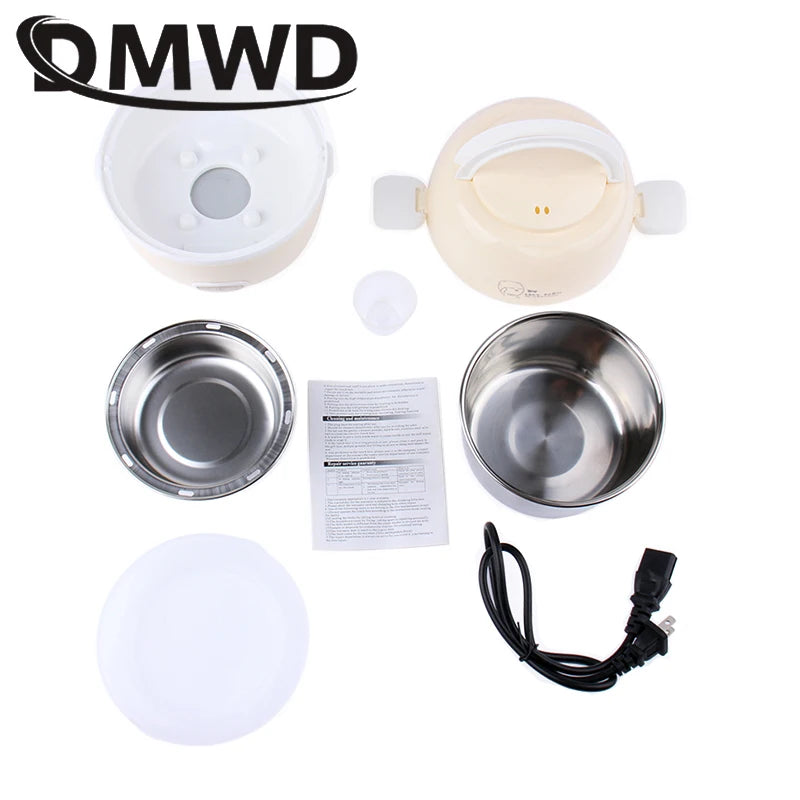 DMWD MINI Rice Cooker Thermal Heating Electric Lunch Box 2 Layers Portable Food Steamer Cooking Container Meal Lunchbox Warmer