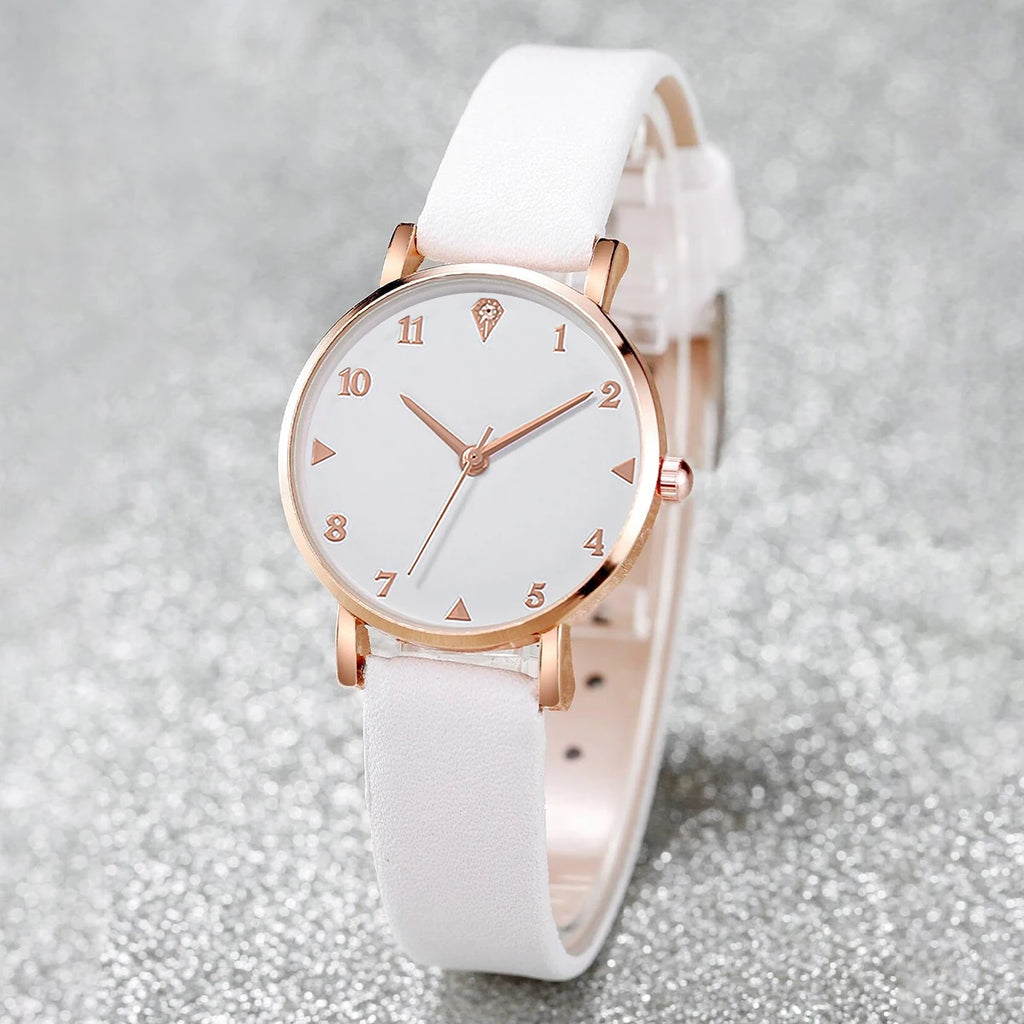 6PCS/Set Fashion Women's Watch Leather Band Quartz Watches Double Heart Jewelry Set(Without Box)