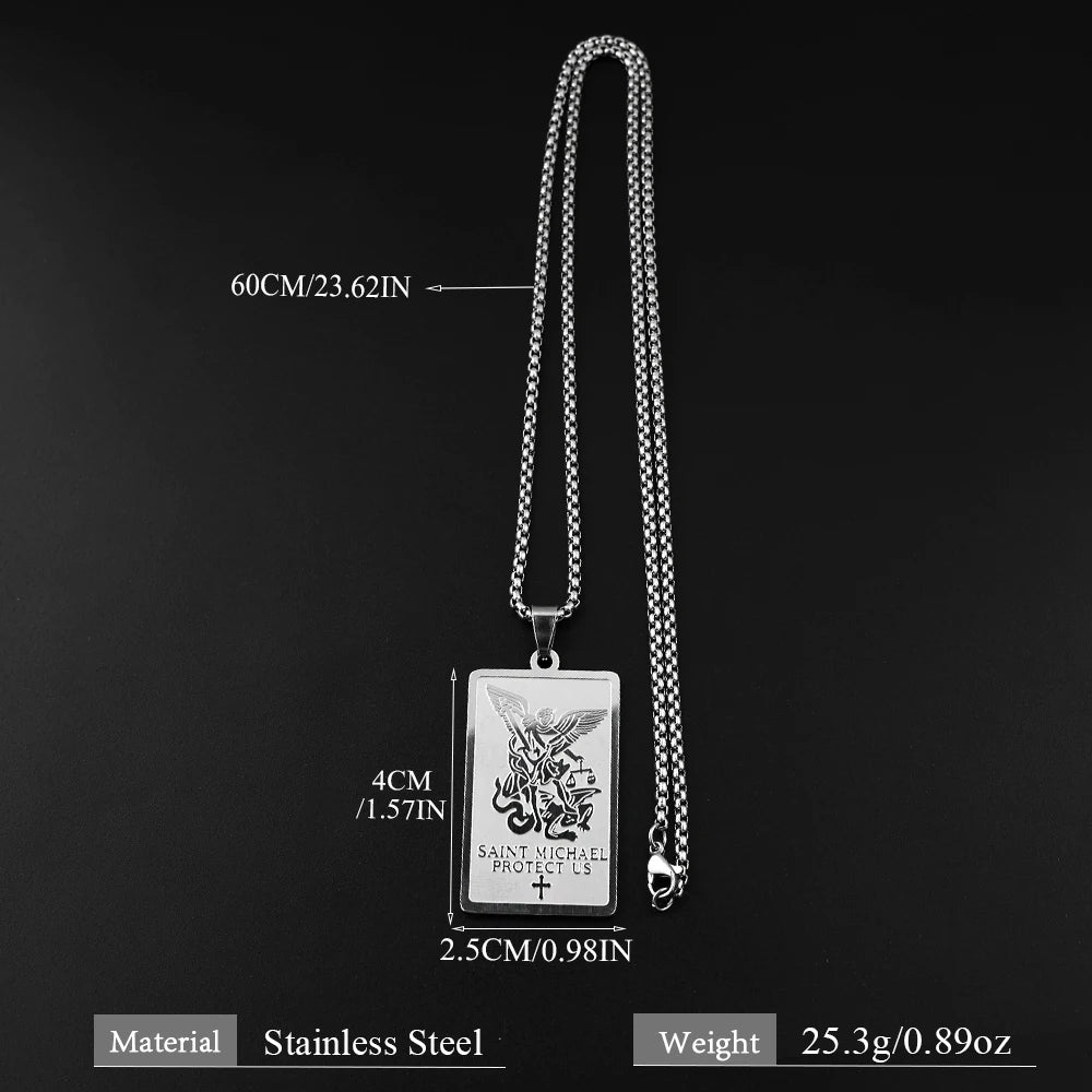 Christian Archangel Saint Michael Protect Us Cross Medal Pendant Necklace Stainless Steel Gold Plated Chain Amulet Jewelry Gift