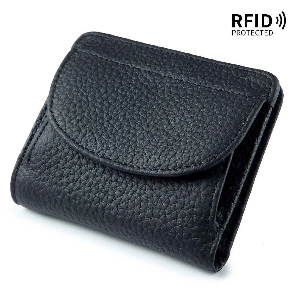 New Women Genuine Leather Mini Wallet RFID Folding Simple Ultra-thin Small Soft Cowhide Wallet Female Card Holder Coin Bags