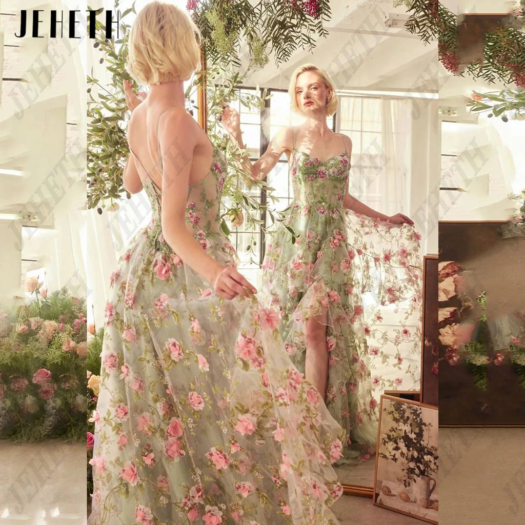 JEHETH 3D Flowers A Line Prom Dresses Sleeveless Corset Evening Party Dress Long Formal Gown Vestidos De Graduación Customized