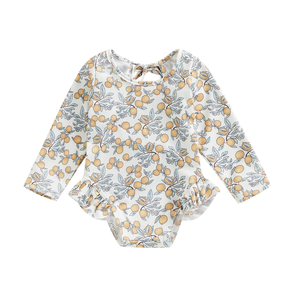 Tregren Kids Girl Summer Swimsuit Floral Print Long Sleeve Ruffle Jumpsuit Swimwear Bathers Bathing Suit Swimming Pool Beachwear