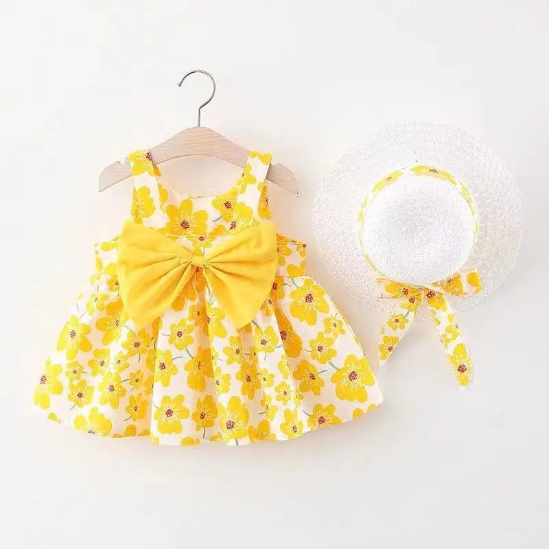 0-3-Year-Old Baby Clothes Summer Seaside Vacation Children's Dress Floral Sleeveless Bow Girl Princess Dress+Hat