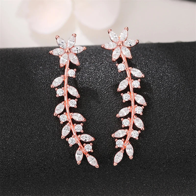 Huitan Aesthetic Flower Stud Earrings Climb Ear Earrings Exquisite Women's Ear Accessories with Dazzling CZ New Fashion Jewelry