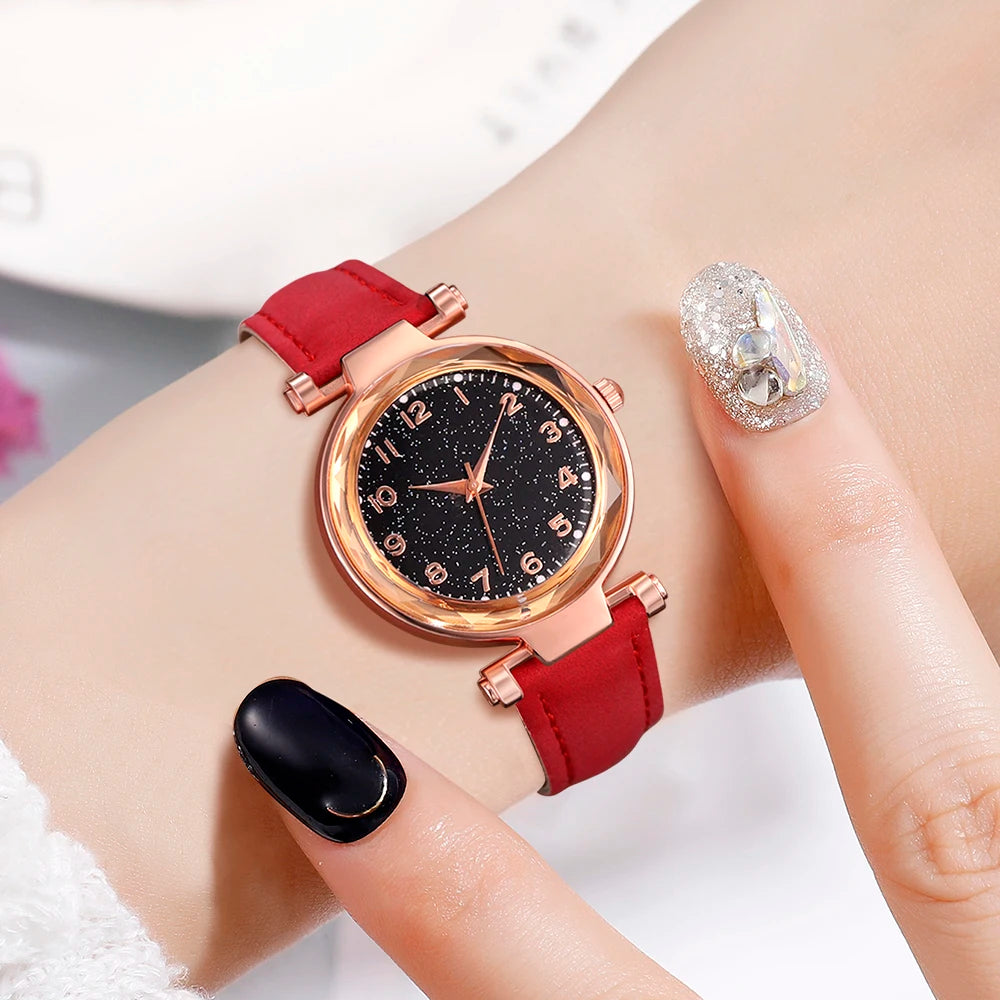 5/6 PCS/Set Red Women's Watch With Minimalist Elements Dial Quartz Watch Latex Strap Cherry Elements Jewelry Set Girl's Gift