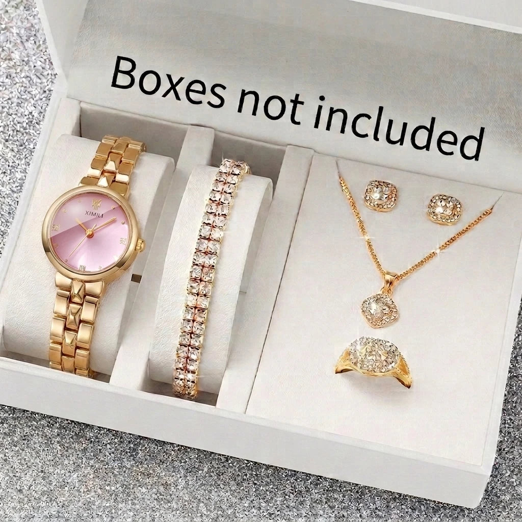 6PCS Elegant Rhinestone Women Quartz Watch Jewelry Set Ladies Bracelet Strap Wristwatches Relogio Feminino Clock（Without Box）