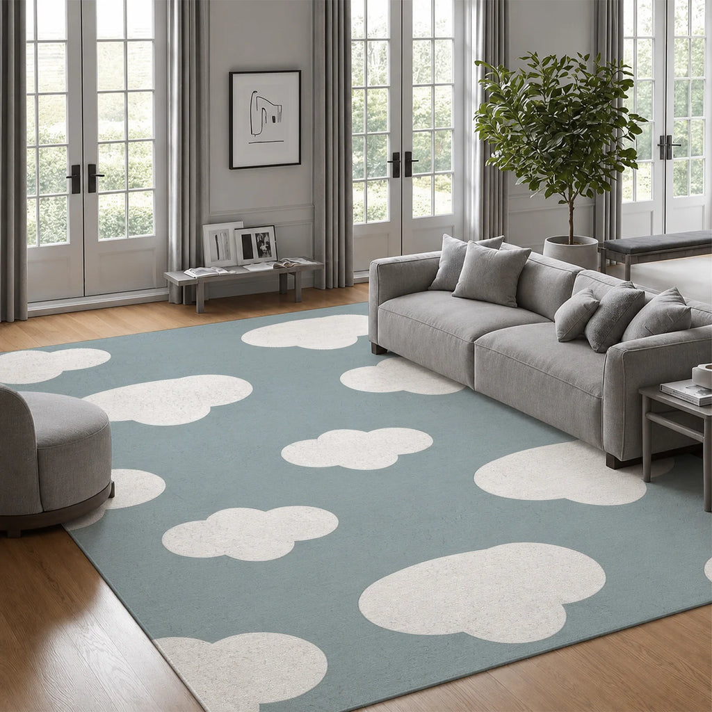 Large Indoor Area Rug, Soft Velvet Low Pile with Non-slip Dotted Backing, Machine Washable, Light Blue with White Cloud Pattern for Living Room, Bedroom, Nursery