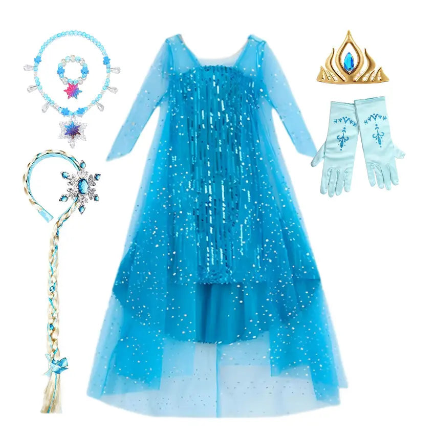 Girl Stunning Princess Maxi Dress All Body Sequin Covered Blue Train Sparkly Tulle Costume Snow Queen Party Elsa Cosplay Outfit