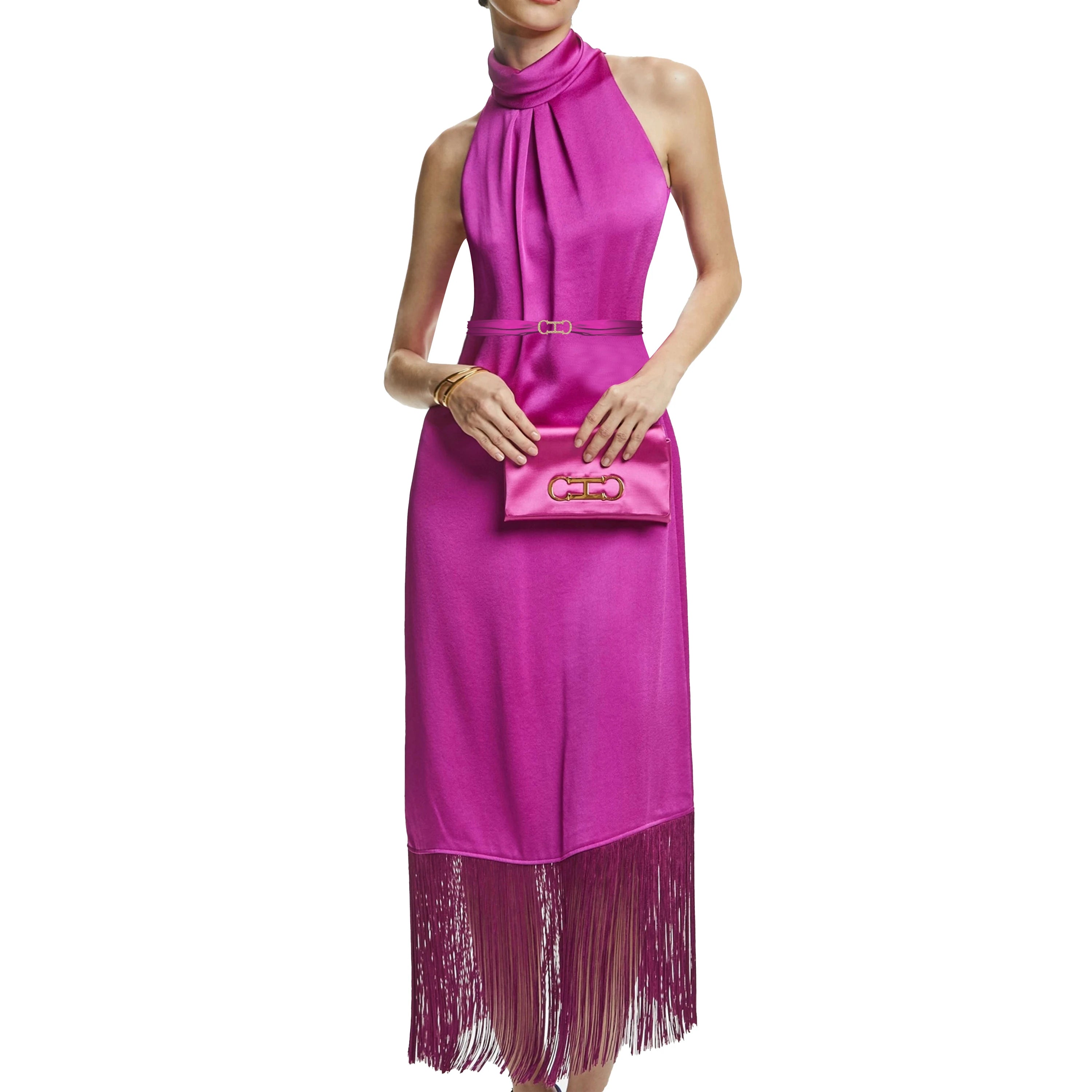 CHCH New Women Party Dress Hanging Neck Style Dress High Collar Sleeveless Fringe Skirt Hem Belt Evening Dresse