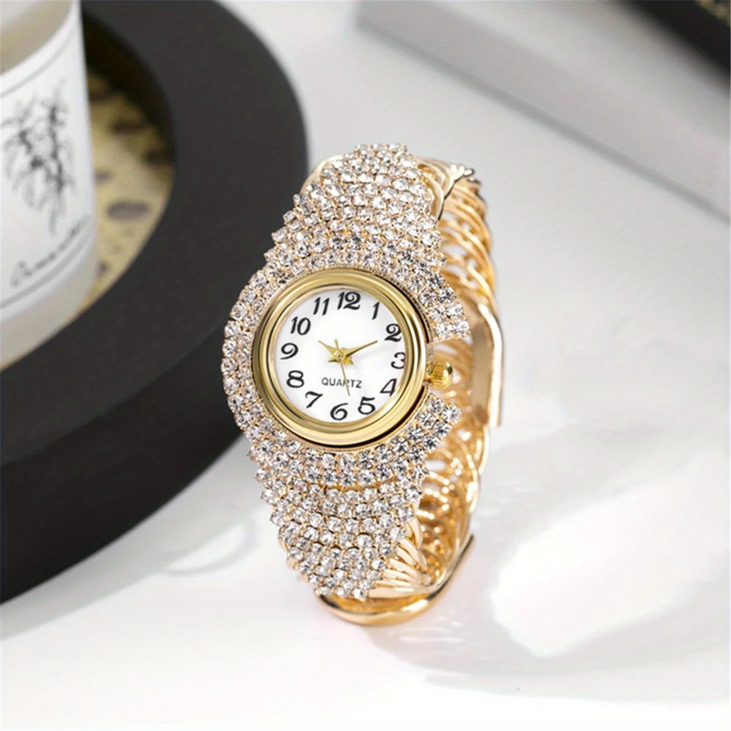 5PCS Luxury Diamond Watch Necklace Earrings Ring Set Fashion Women Crystal Bangle Quartz Wristwatch Jewelry Gifts（Without Box）
