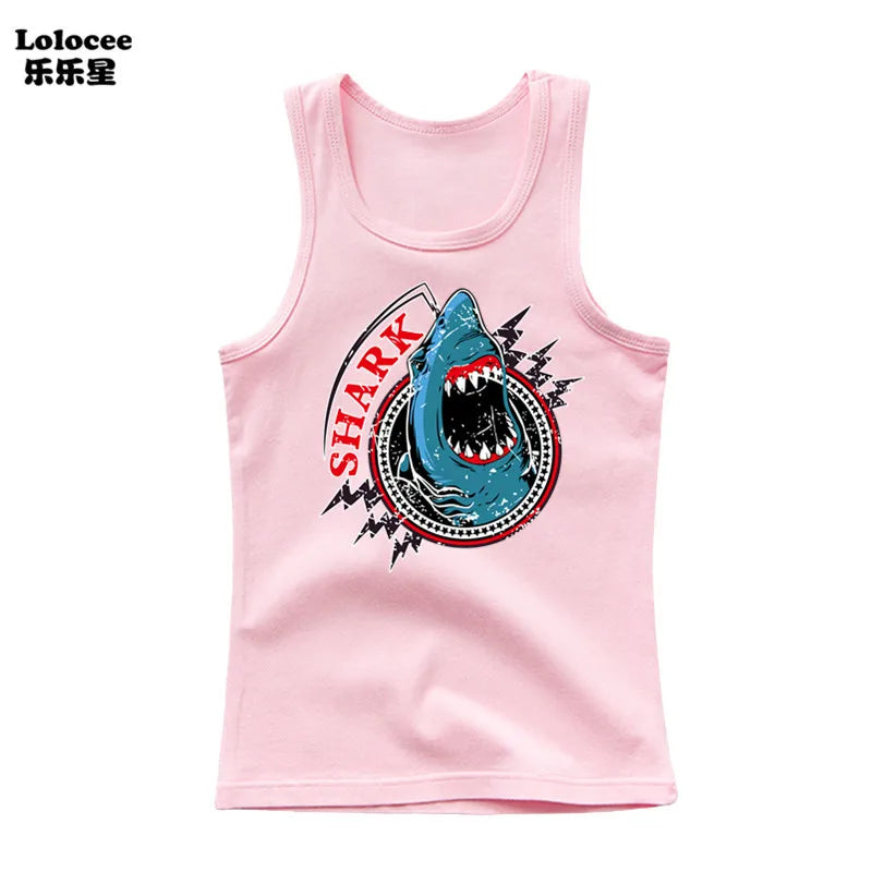 Kids Animal Sea Shark Sleeveless T-shirt 2023 Summer Children Tank Tops Baby Kids Cool Tees 3-14 Years Old