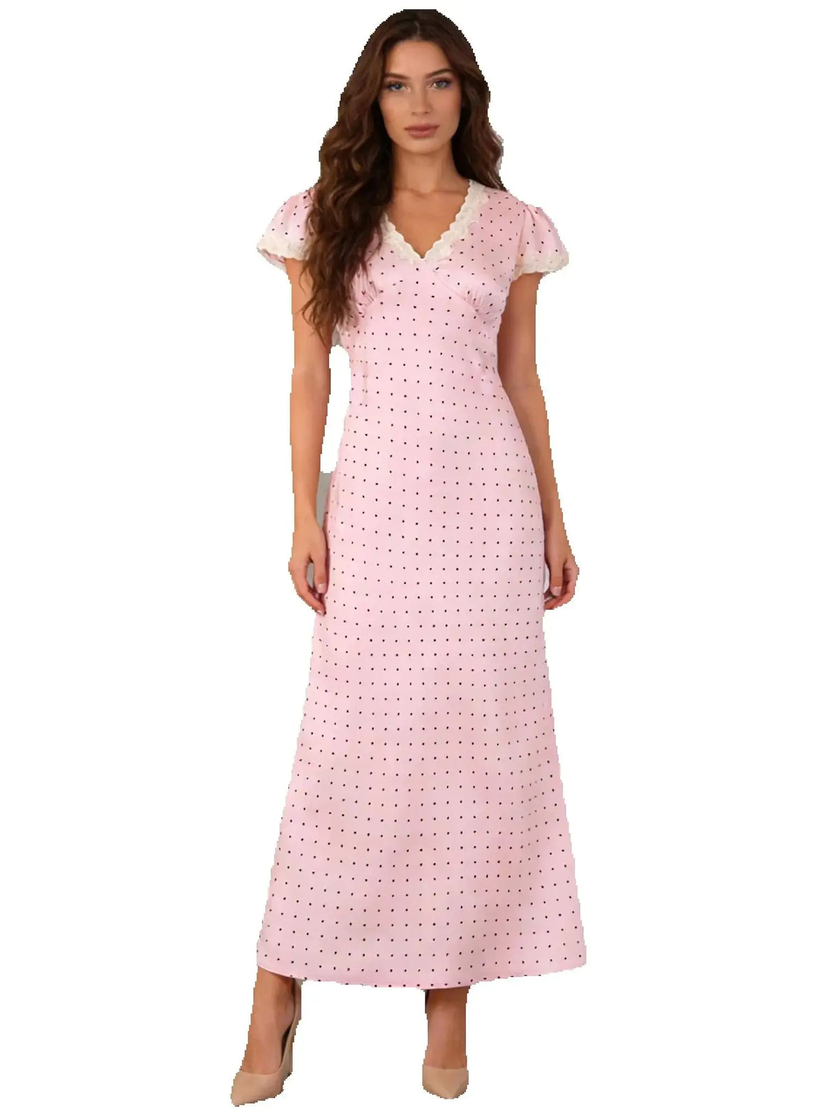 Chu Sau beauty Women New Fashion Sweet Polka Dot Print Chic Lace Patchwork V-neck Long Dress Vintage Short Sleeve Party Dresses