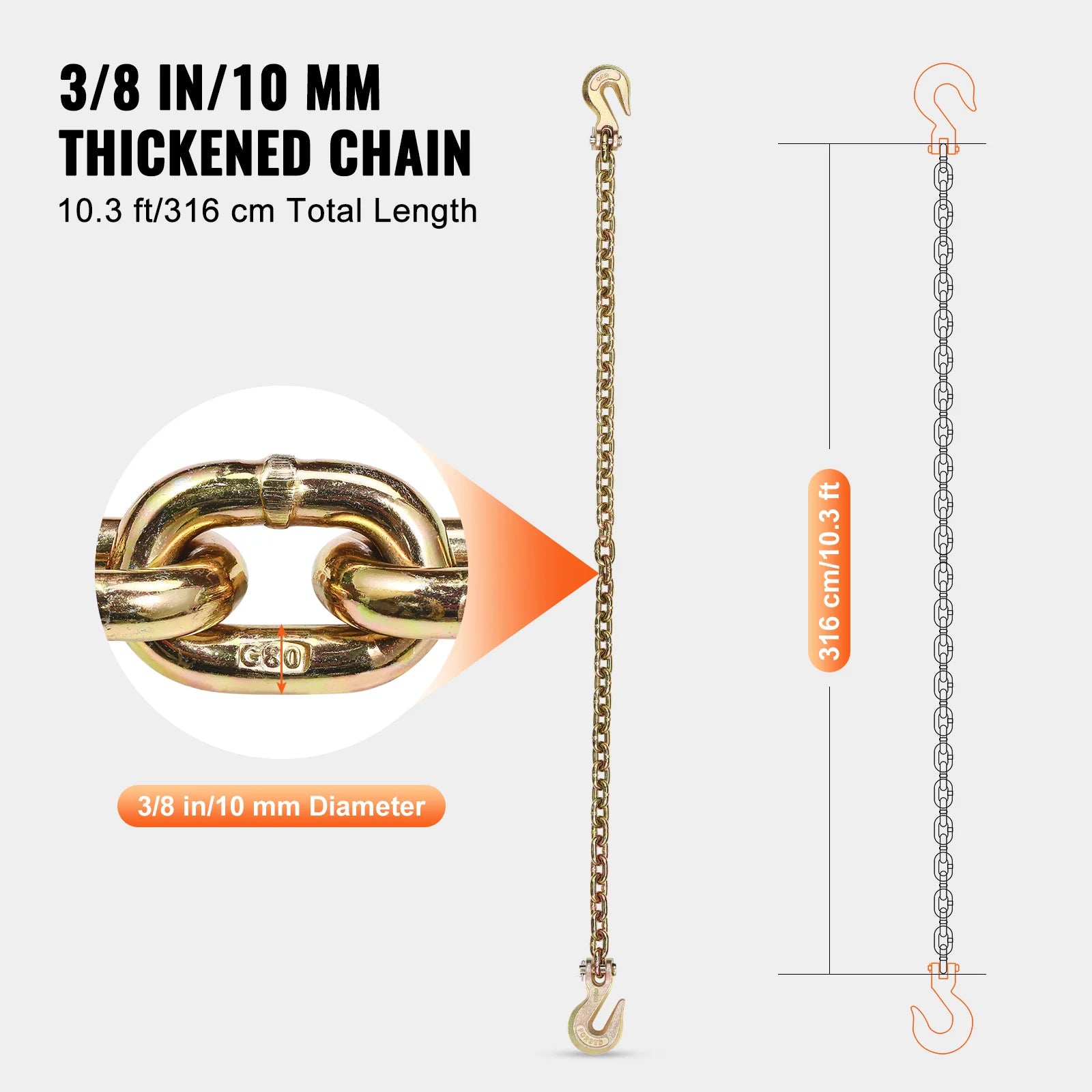 SucceBuy 2-Pack G80 Transport Binder Chain 3/8"5/16" Tow Chain with Clevis Hooks Logging Chain for Towing Truck Tie Down Binding