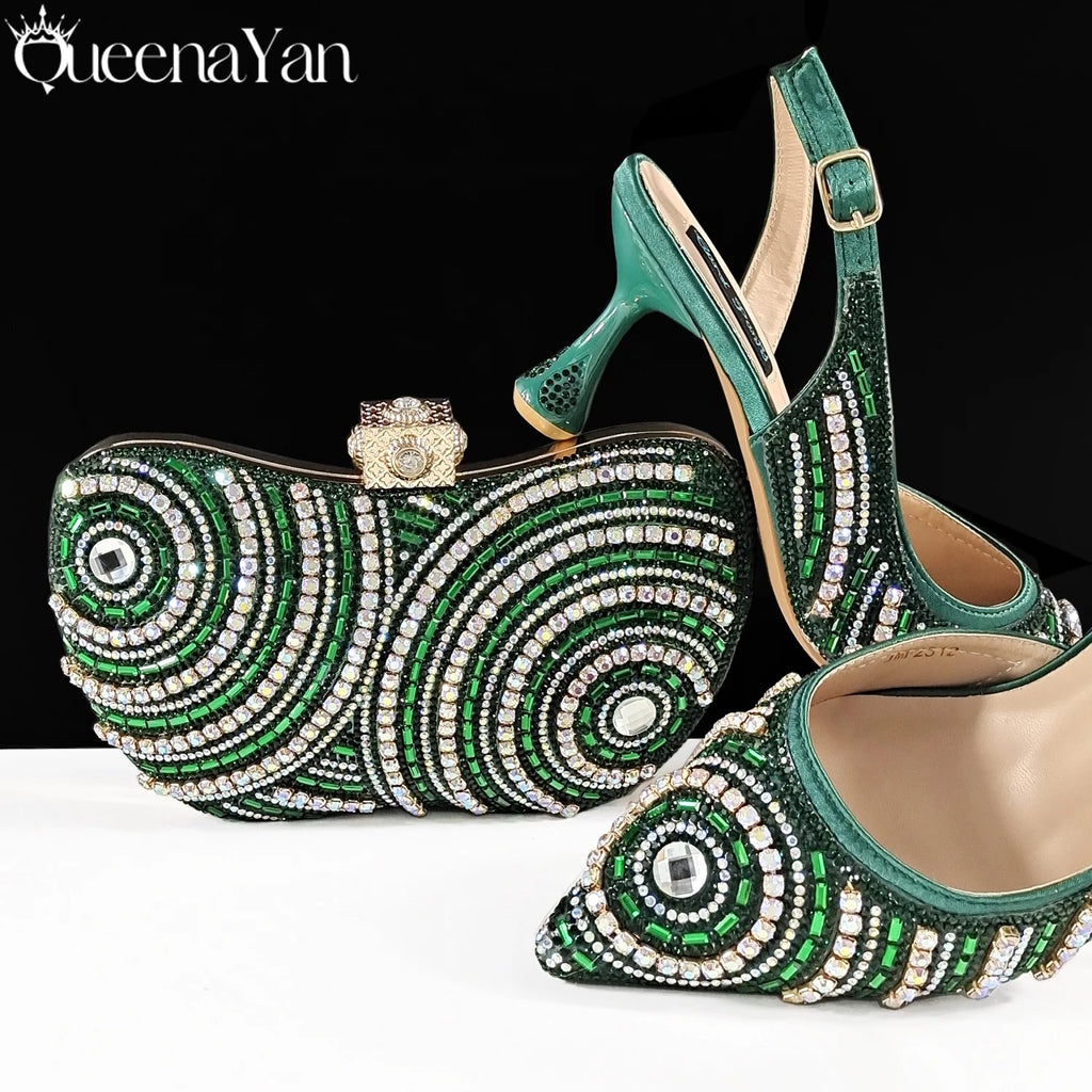 Queena Yan Nigerian Party Shoes Only shoes OR with bag set in Green  High Heel, Elegant Matching for Weddings & Special Occa