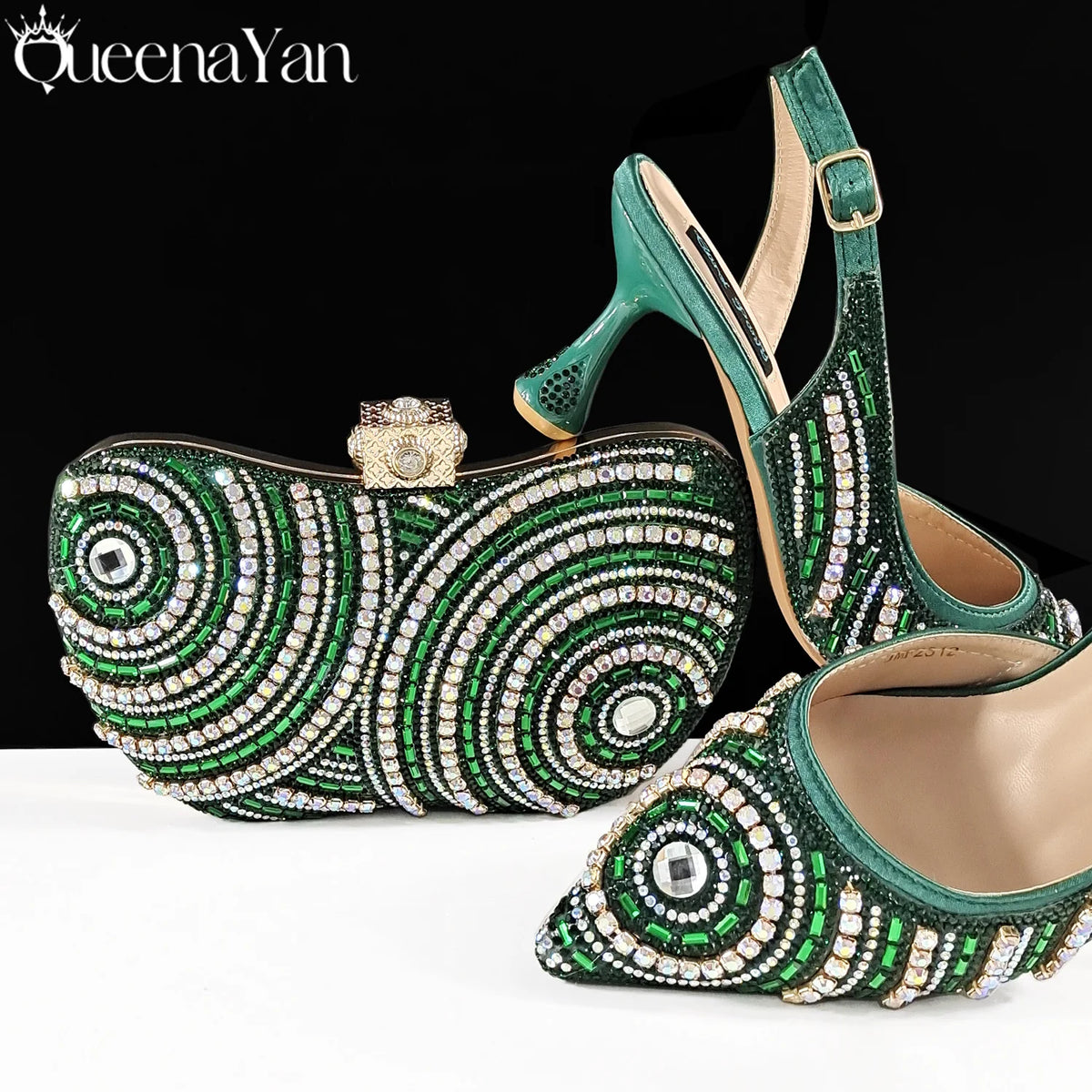 Queena Yan Nigerian Party Shoes Only shoes OR with bag set in Green  High Heel, Elegant Matching for Weddings & Special Occa