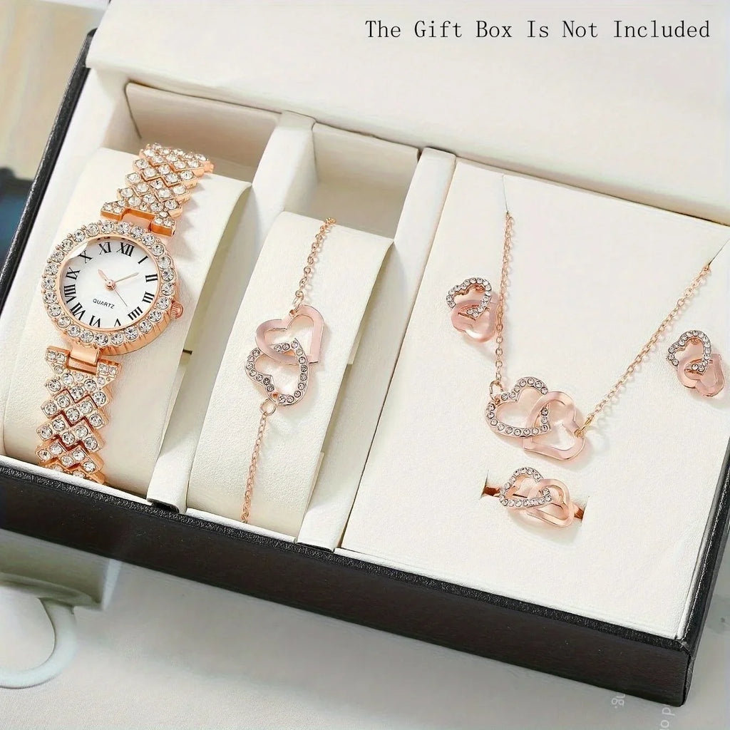 1pc Rhinestone Decor Quartz Watch Elegant Round Pointer Analog Electronic Watch & 5pcs Jewelry Set, Gift For Mom/Girlfriend
