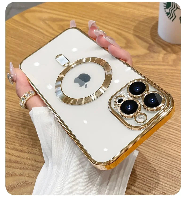 Luxury Transparent Magnetic For Phone Case For iPhone 14 Plus 13 12 11 15 16 17 18 Pro Max AIr Clear Plating Silicone Cover