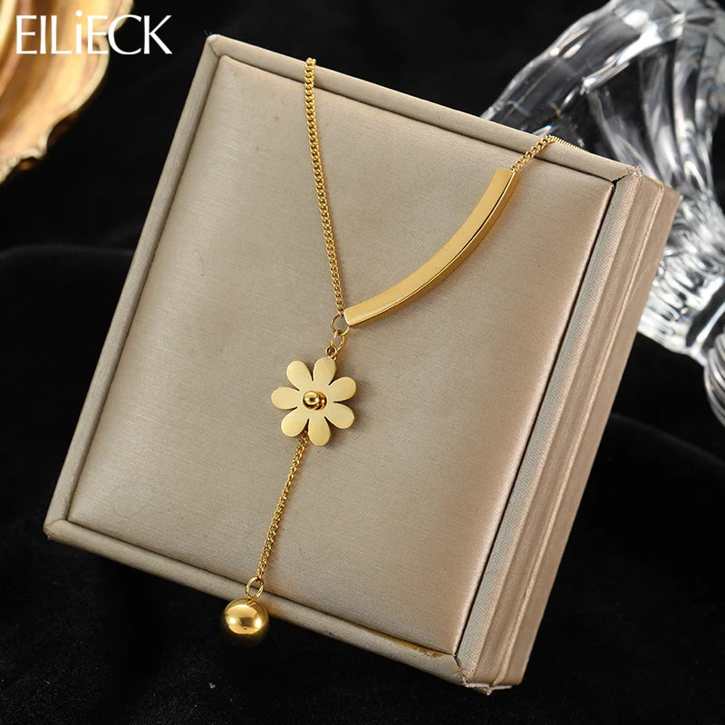 EILIECK 316L Stainless Steel Metal Sphere Flower Tassel Necklace Fashion Jewelry for Women Waterproof Clavicle Hanging Chains