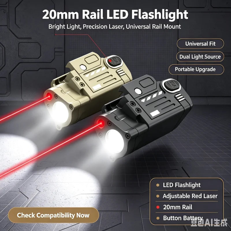 Model Upgrade LED Flashlight Red Laser 2-in-1 Accessory Adjustable Red Beam Universal 20mm Rail Mount Button Battery Powered