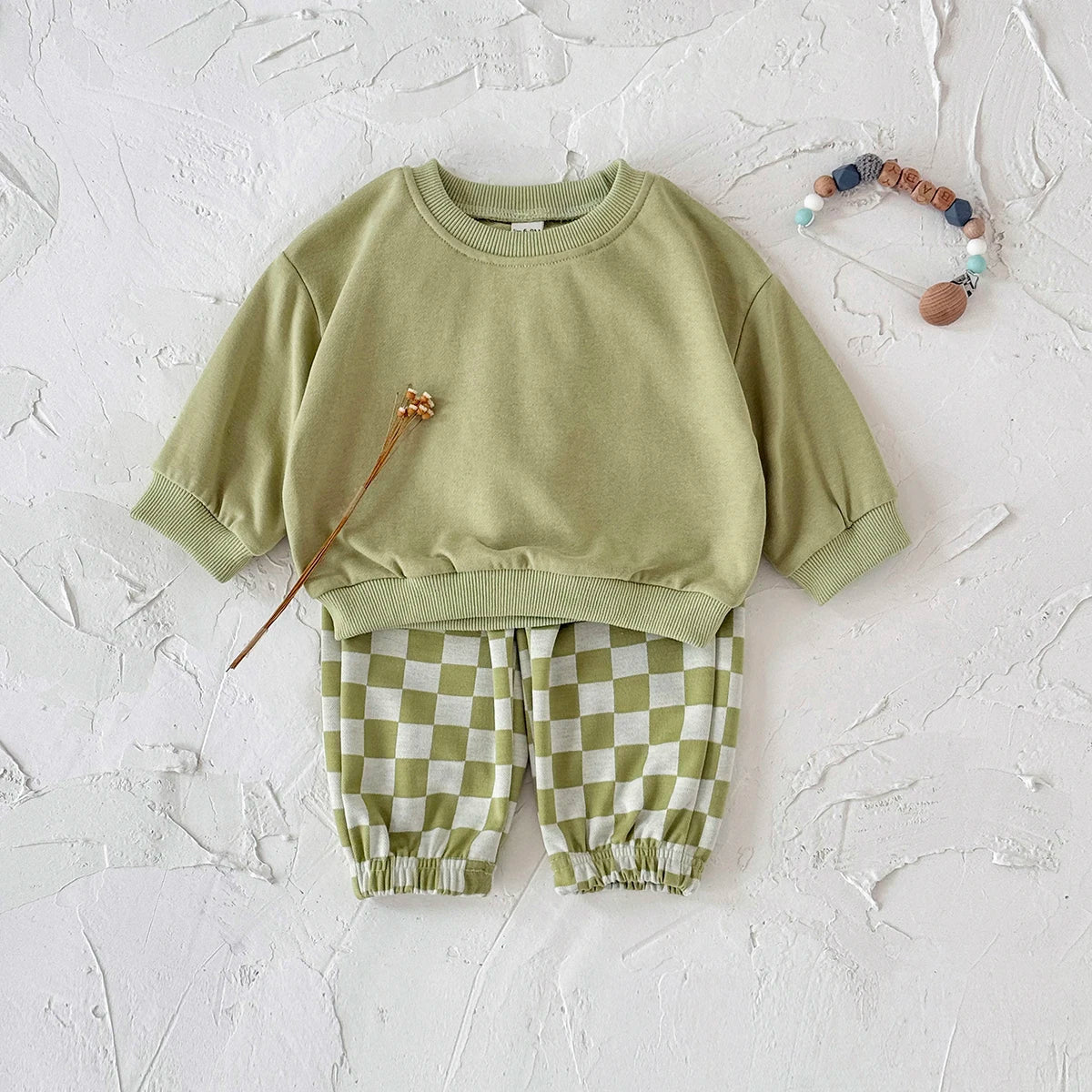 Autumn Fashion Newborn Baby Boys Girls Clothes Comfort Outfit Solid Color Long Sleeves Top+Chessboard Pattern Pants 2Pcs/set