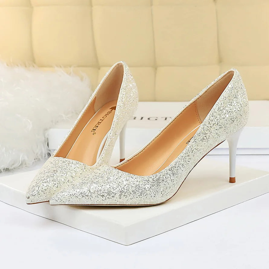 Women 7cm 9.5cm High Heels Bling Pumps Wedding Bridal Scarpins Sparkly Heels Lady Party Sequins Nightclub Evening Gold Red Shoes