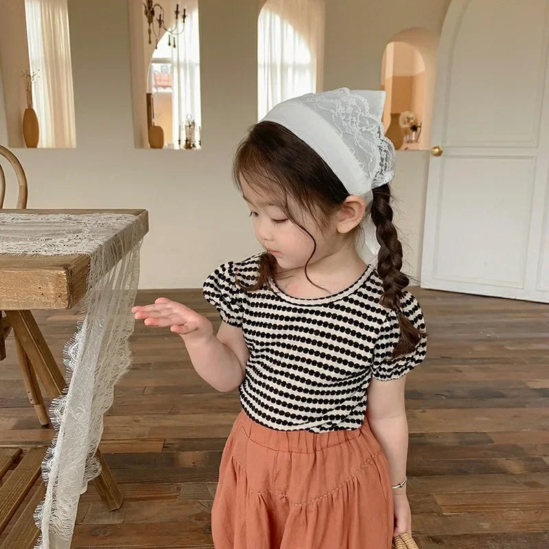 Summer New Korean Style Baby Girls Striped T-shirts Bowknot Backless Puff Sleeve Tops Toddlers Kids Tees