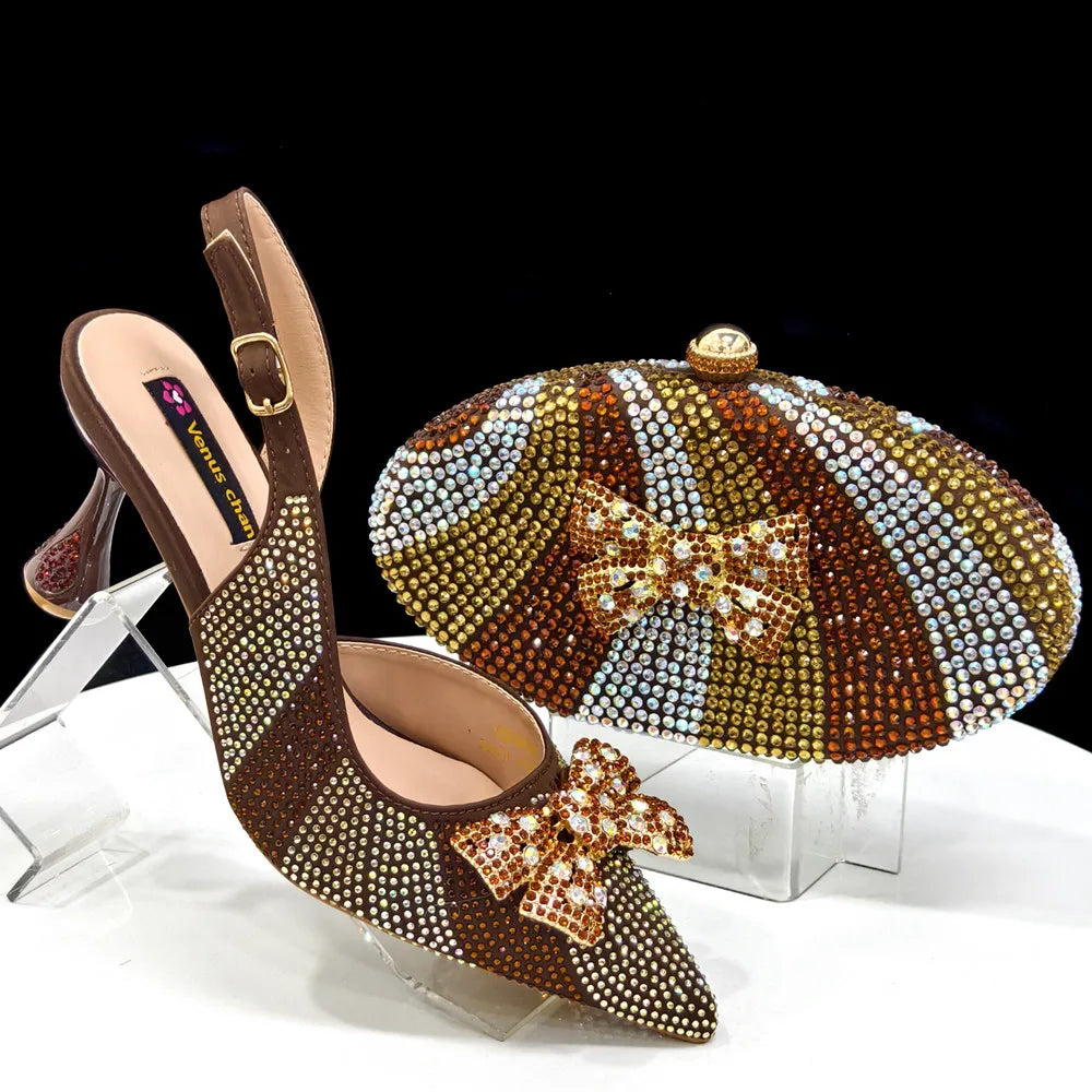 Venus Chan Green Color Pointed-Toe High Women Heels Shoes and Bags for Women Rhinestone Evening Party Elegant Luxury Handbag