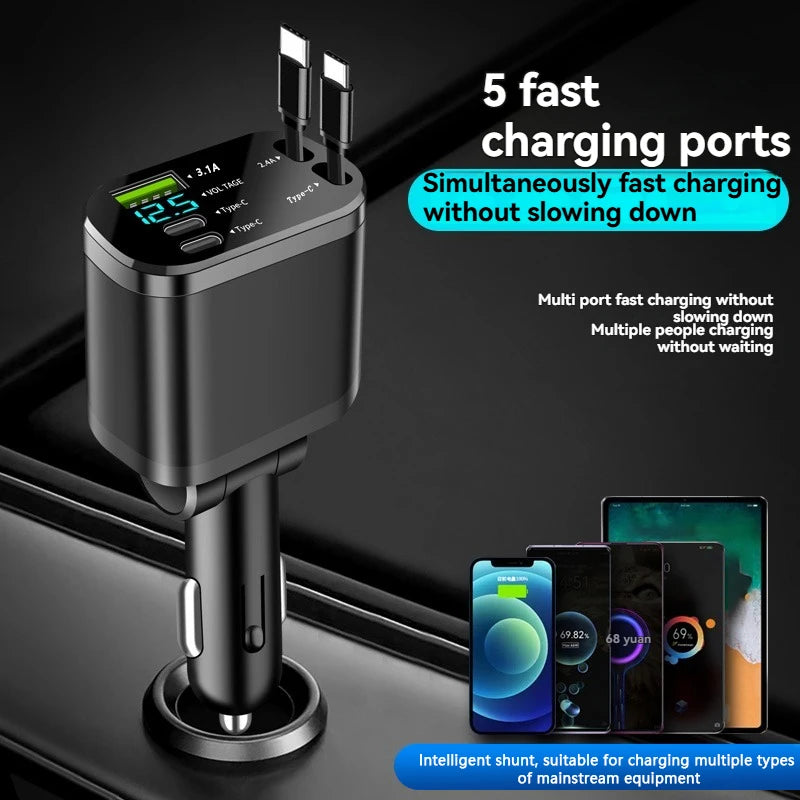 Car charger, car charger with retractable cable, car PD, car fast charging, super fast charging, flash charging, five in one cig