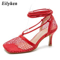 Eilyken Spring Mesh Casual Pumps Sandals Female Square Toe High Heel Lace Up Cross-tied Stiletto Hollow Dress Tacones De Mujer