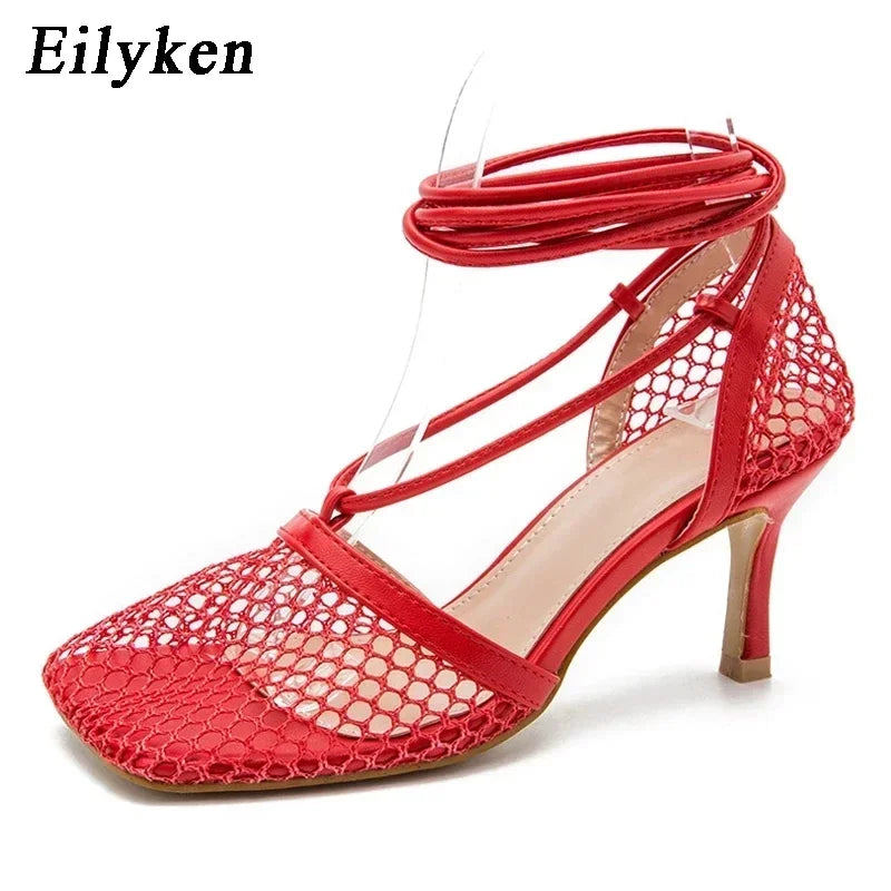 Eilyken Spring Mesh Casual Pumps Sandals Female Square Toe High Heel Lace Up Cross-tied Stiletto Hollow Dress Tacones De Mujer