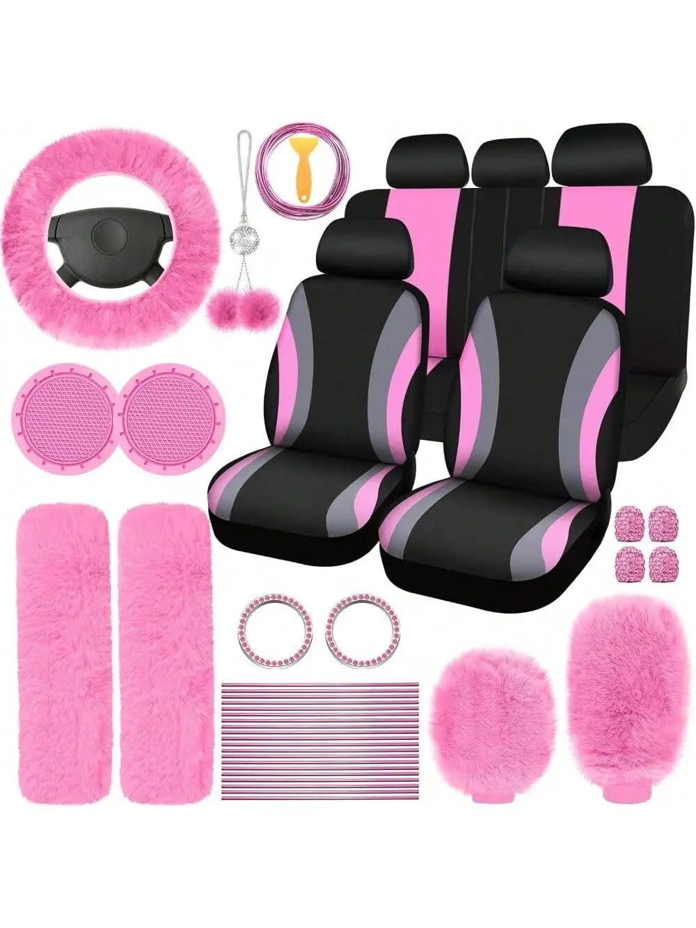 35-Piece Car Seat Cover Set With Steering Wheel Cover, Cup Holder Coasters, Shoulder Pads, And Accessories - Polyester Fabric Interior Decor Kit Without Filler,Purple