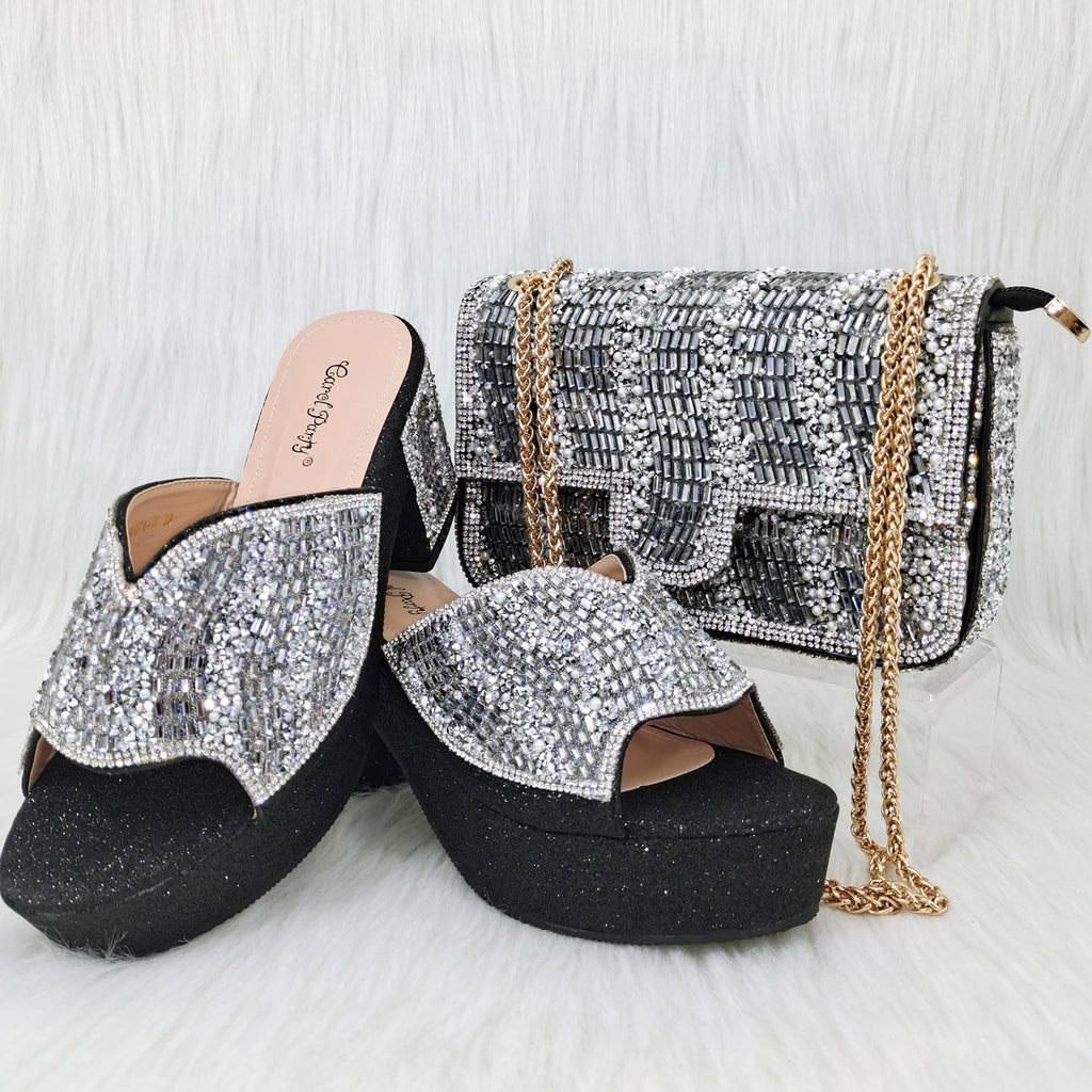 QSGFC Italian Design Fashion Crystal Fish Mouth High Heels Elegant, Exquisite, And Mature Women's Sandals And Square Bag Set