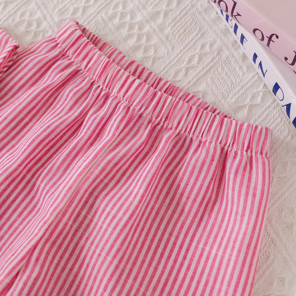 Humor Bear Summer Girls' Suits Pink vertical stripe Bow Sleeveless Vest Top+Pants Two-piece Set Sweet Kids' Clothing Sets