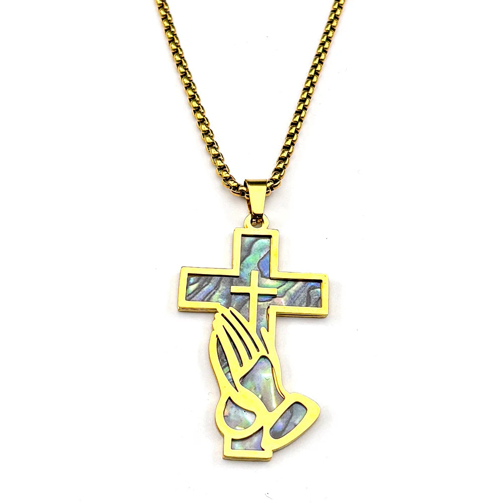Jesus Cross Praying Hand Imitation Abalone Shell Stainless Steel Pendant Necklaces for Women Men Gold Color Christian Jewelry