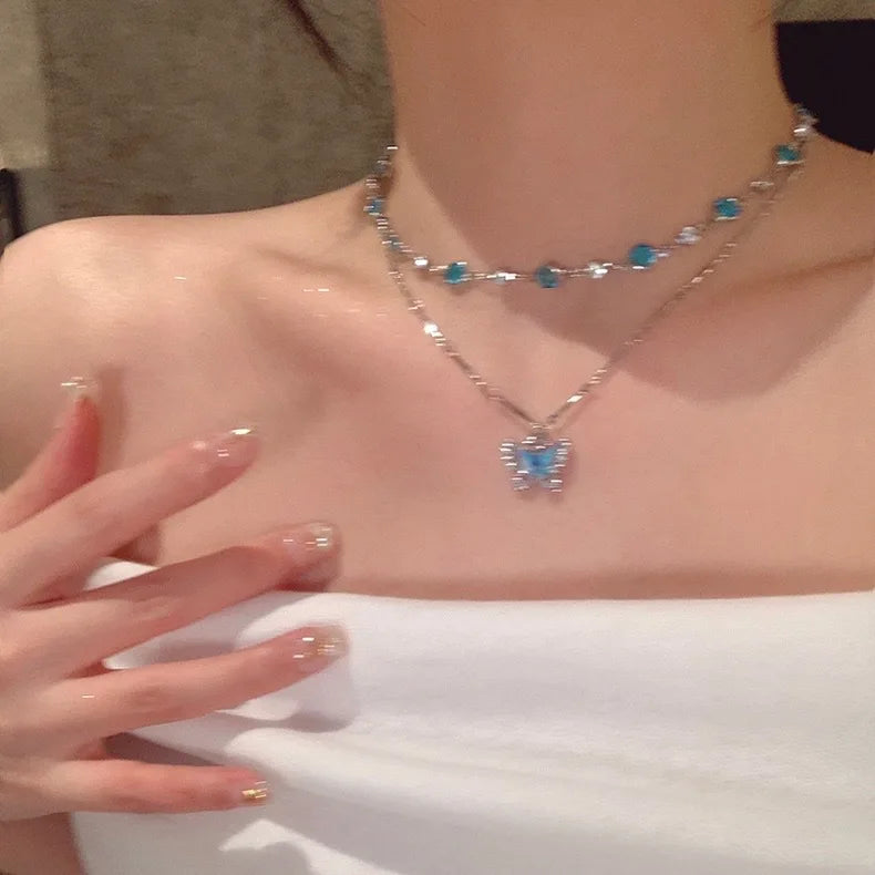 Luxury Crystal Zircon Butterfly Tassel Necklace for Women Elegant Double Layer Clavicle Chain Necklace Party Wedding Jewelry